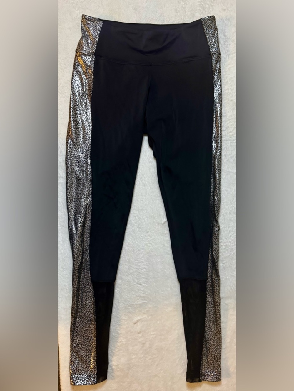 Black Women’s Small/Medium Leggings with Metallic Silver Side Panels